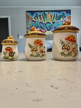 Vintage Ceramic Merry  Mushroom Pattern Canister Set of 3 with Lids, Sears 1978